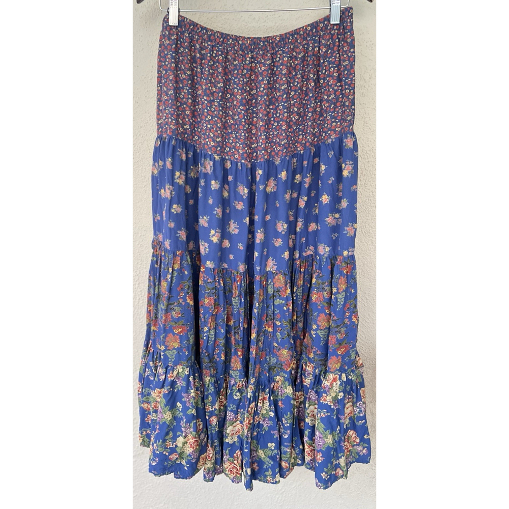 VTG Karen Kane Floral Tiered Maxi Skirt M Broomstick Cottage Prairie Lagenlook